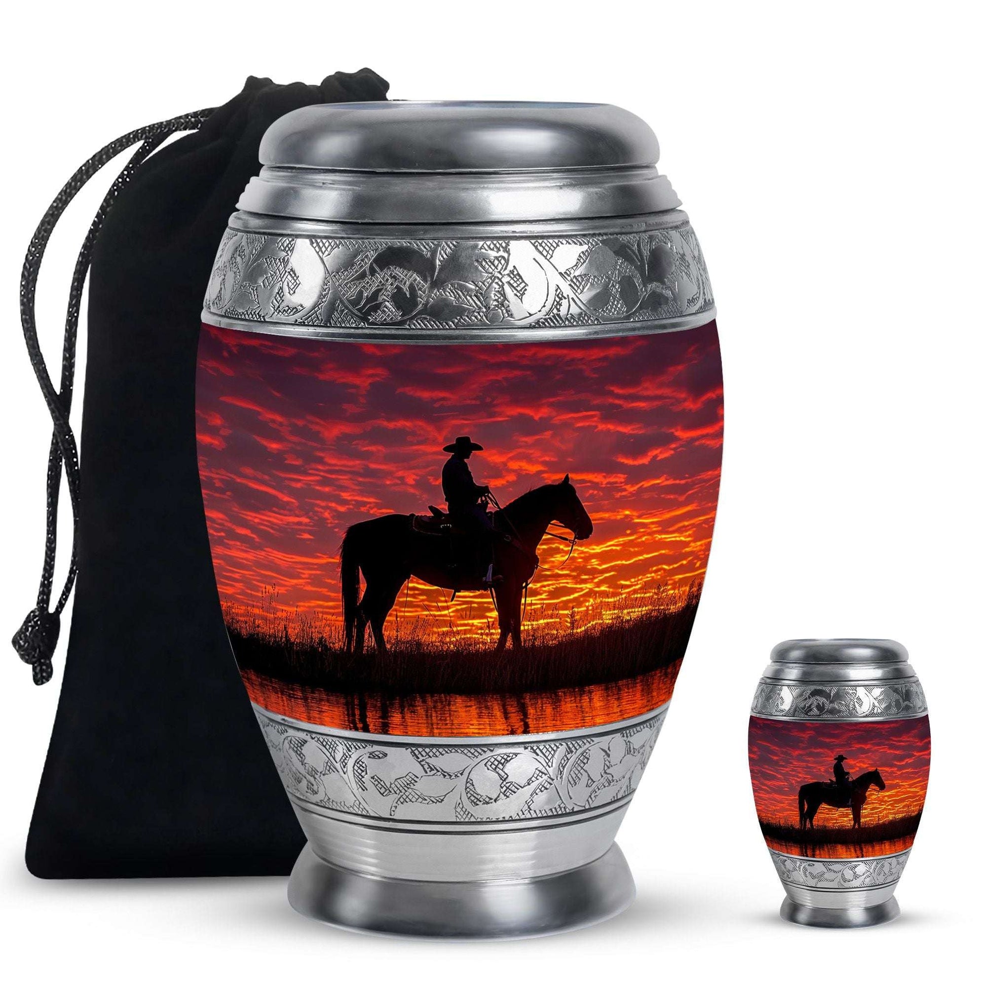 Cowboy Theme Large Urn With 1 Keepsake Urn