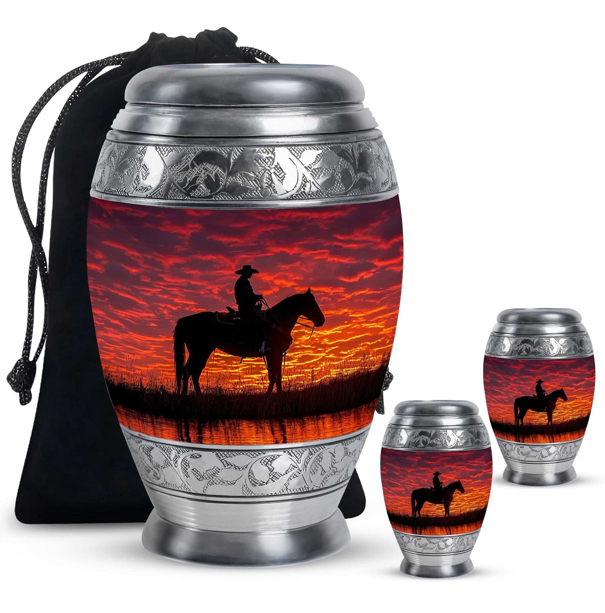Cowboy Theme Large Urn With 2 Keepsake Urn