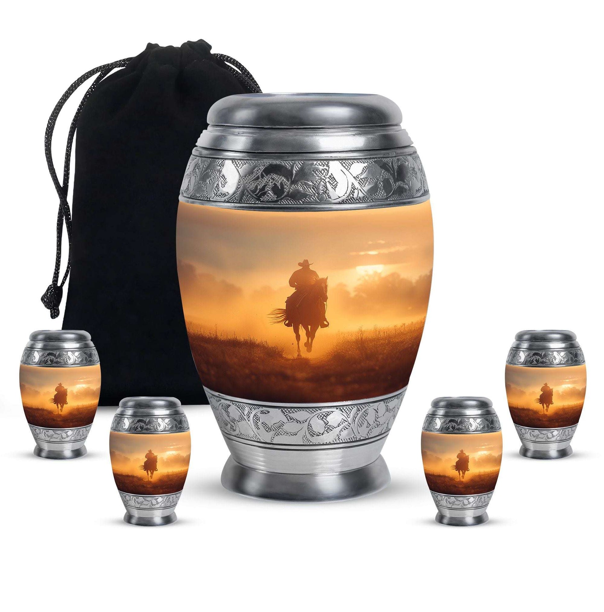 Cowboy Theme Large Urn With 4 Keepsake Urn