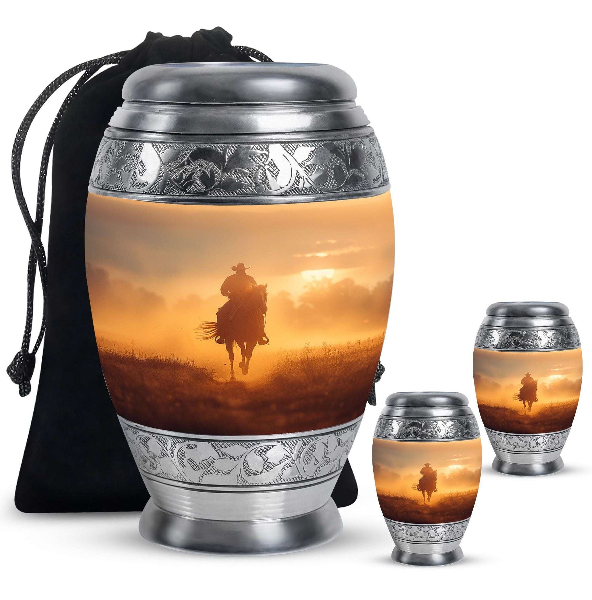 Cowboy Theme Large Urn With 2 Keepsake Urn