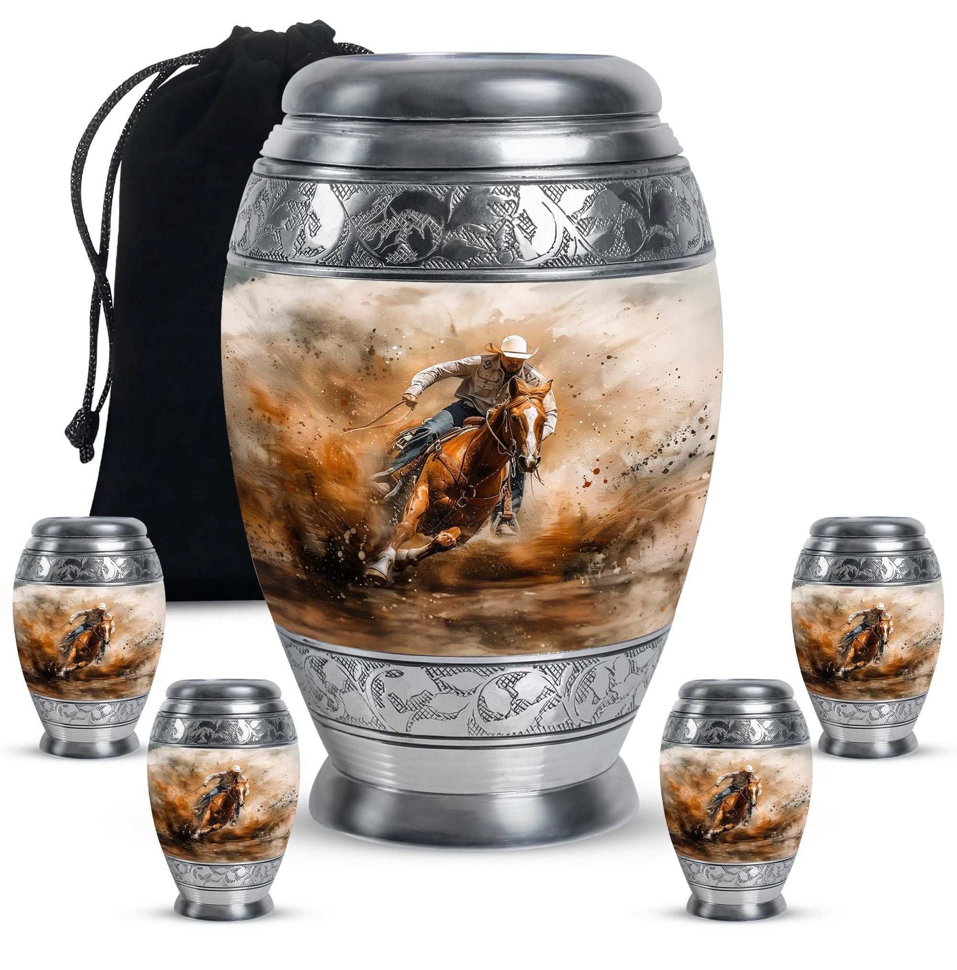 Cowboy Theme Large Urn With 4 Keepsake Urn