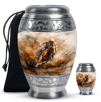 Cowboy Theme Large Urn With 1 Keepsake Urn