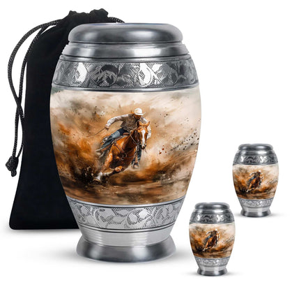Cowboy Theme Large Urn With 2 Keepsake Urn