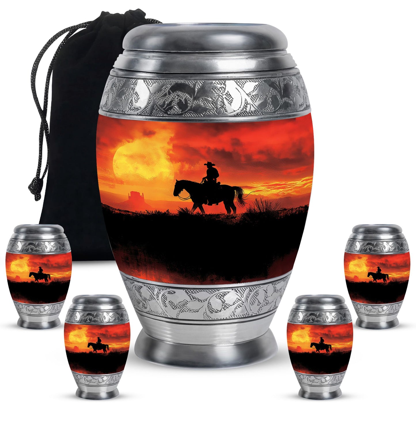 Cowboy Theme Large Urn With 4 Keepsake Urn