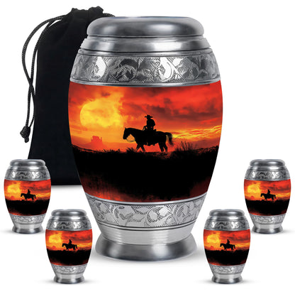 Cowboy Theme Large Urn With 4 Keepsake Urn