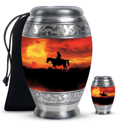Cowboy Theme Large Urn With 1 Keepsake Urn