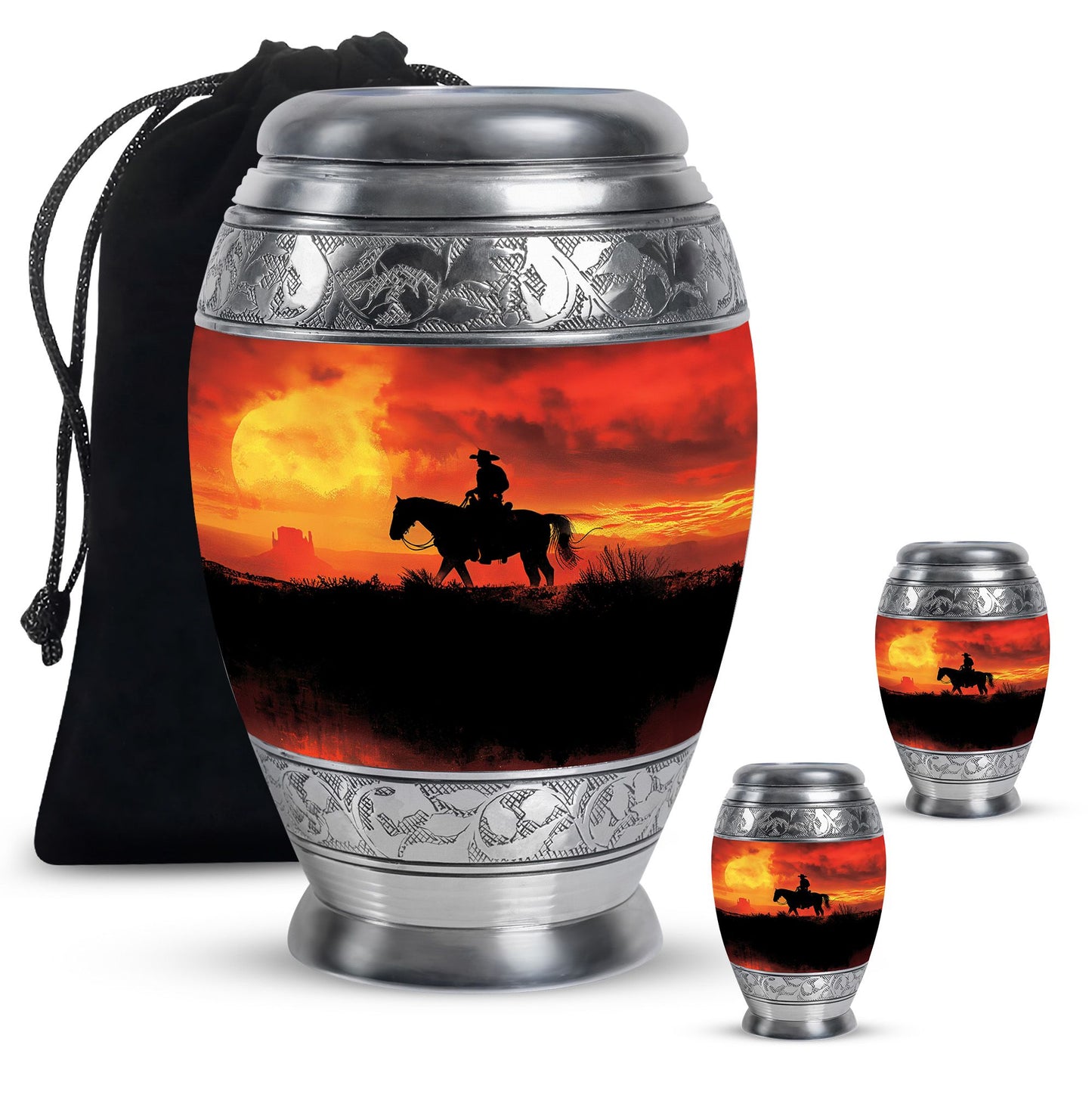 Cowboy Theme Large Urn With 2 Keepsake Urn