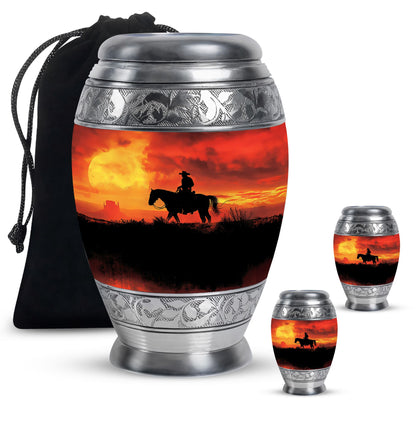 Cowboy Theme Large Urn With 2 Keepsake Urn