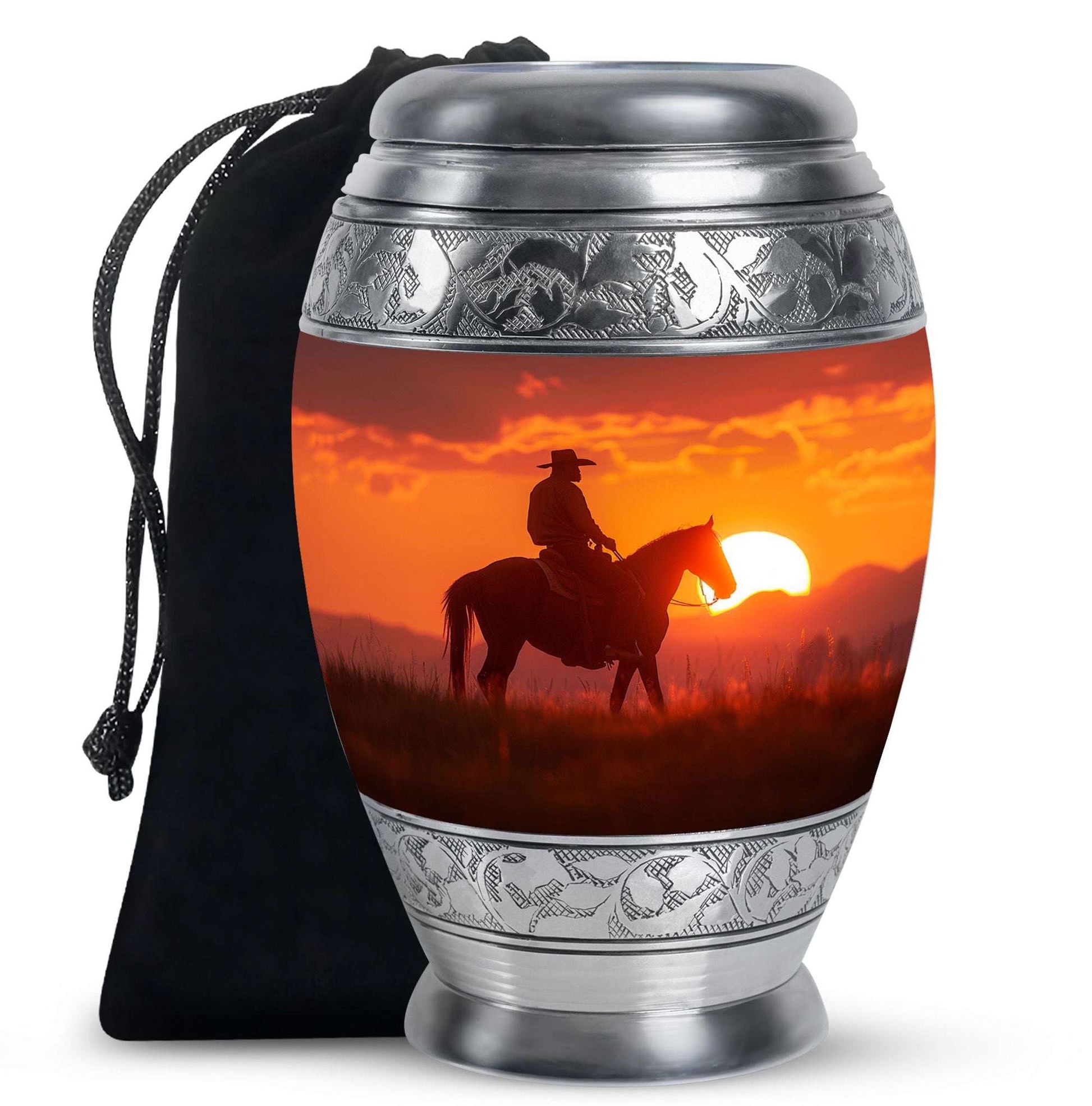 Cowboy Sunset Cremation Urn For Funeral – Western Horseback Memorial Urn