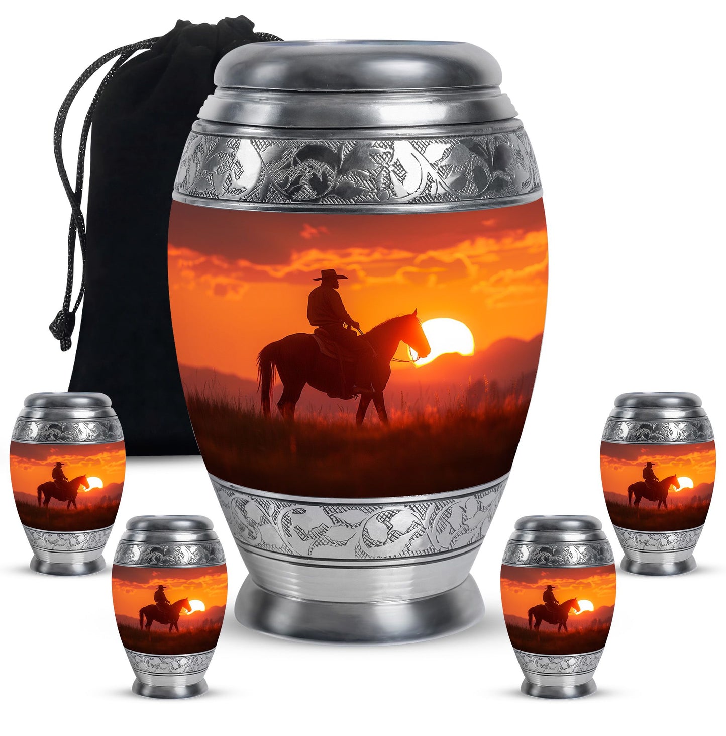 Cowboy Theme Large Urn With 4 Keepsake Urn