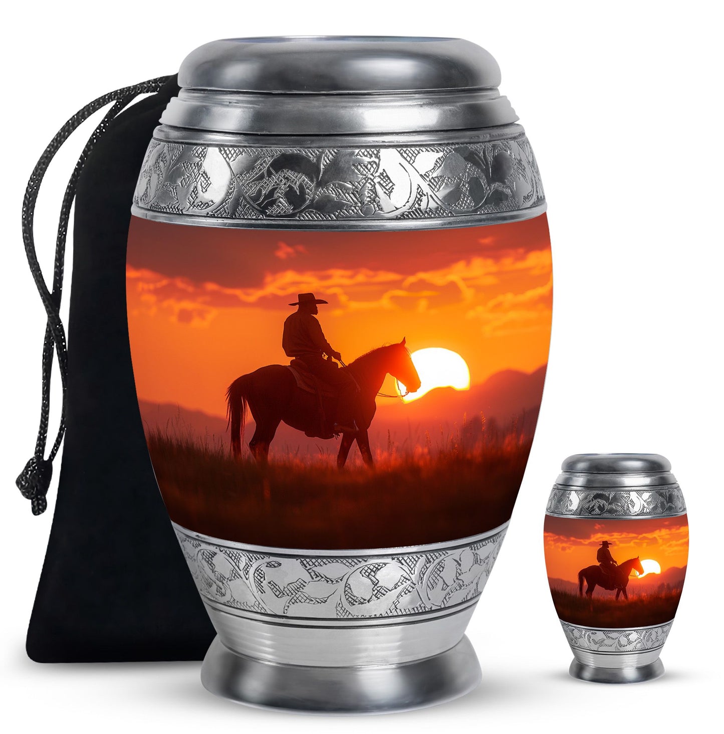 Cowboy Theme Large Urn With 1 Keepsake Urn