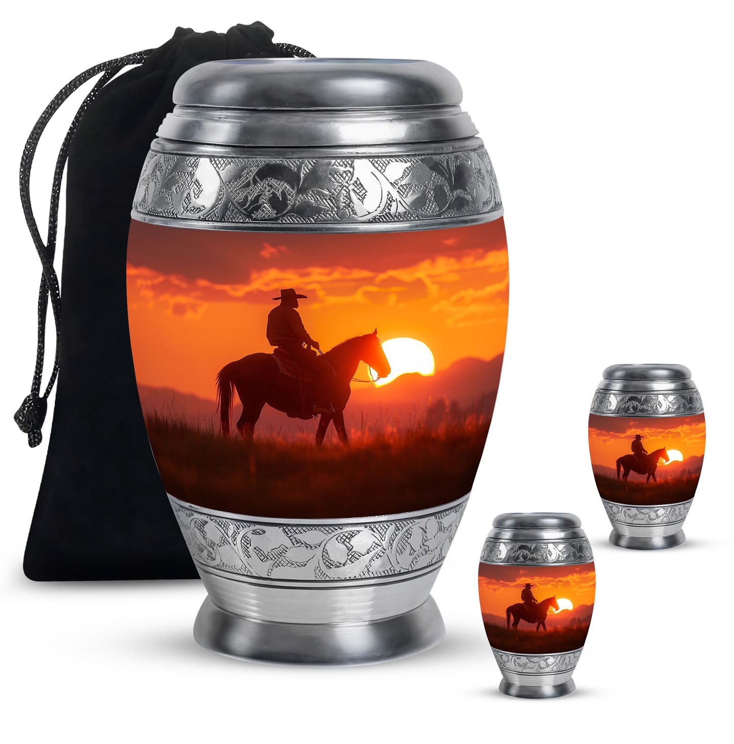 Cowboy Theme Large Urn With 2 Keepsake Urn