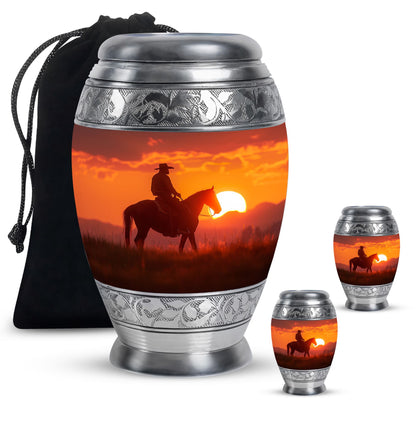 Cowboy Theme Large Urn With 2 Keepsake Urn