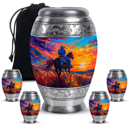 Cowboy Theme Large Urn With 4 Keepsake Urn