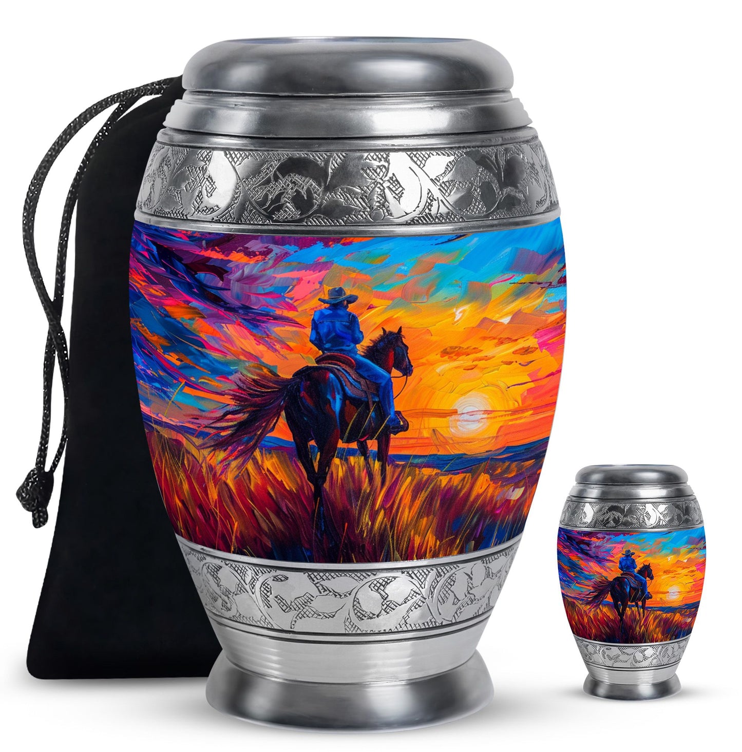 Cowboy Theme Large Urn With 1 Keepsake Urn