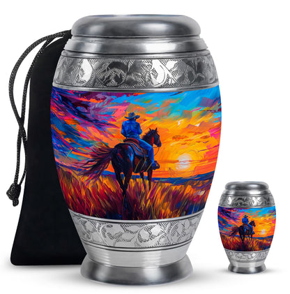 Cowboy Theme Large Urn With 1 Keepsake Urn