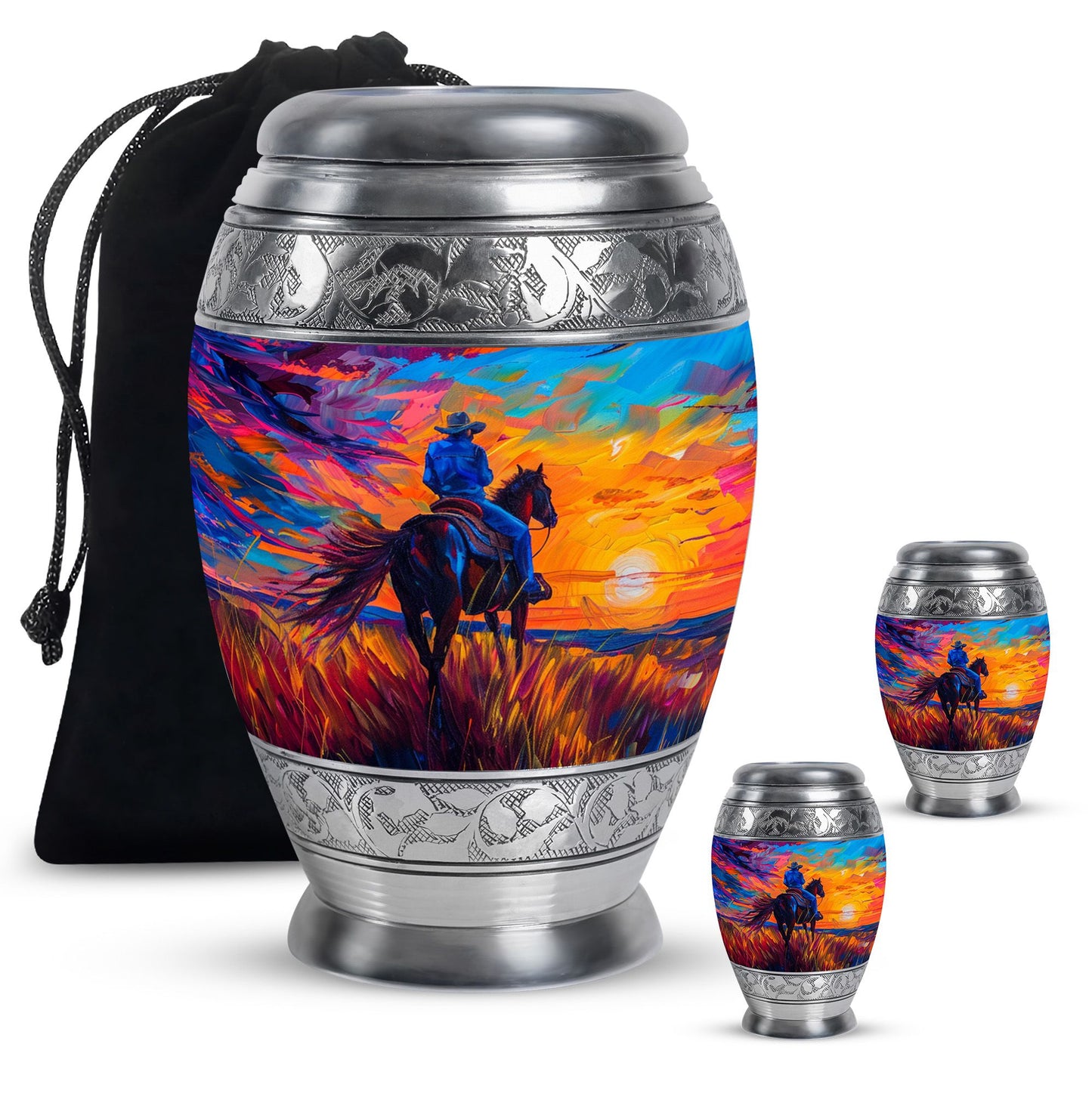 Cowboy Theme Large Urn With 2 Keepsake Urn
