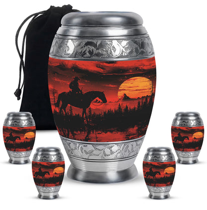 Cowboy Theme Large Urn With 4 Keepsake Urn