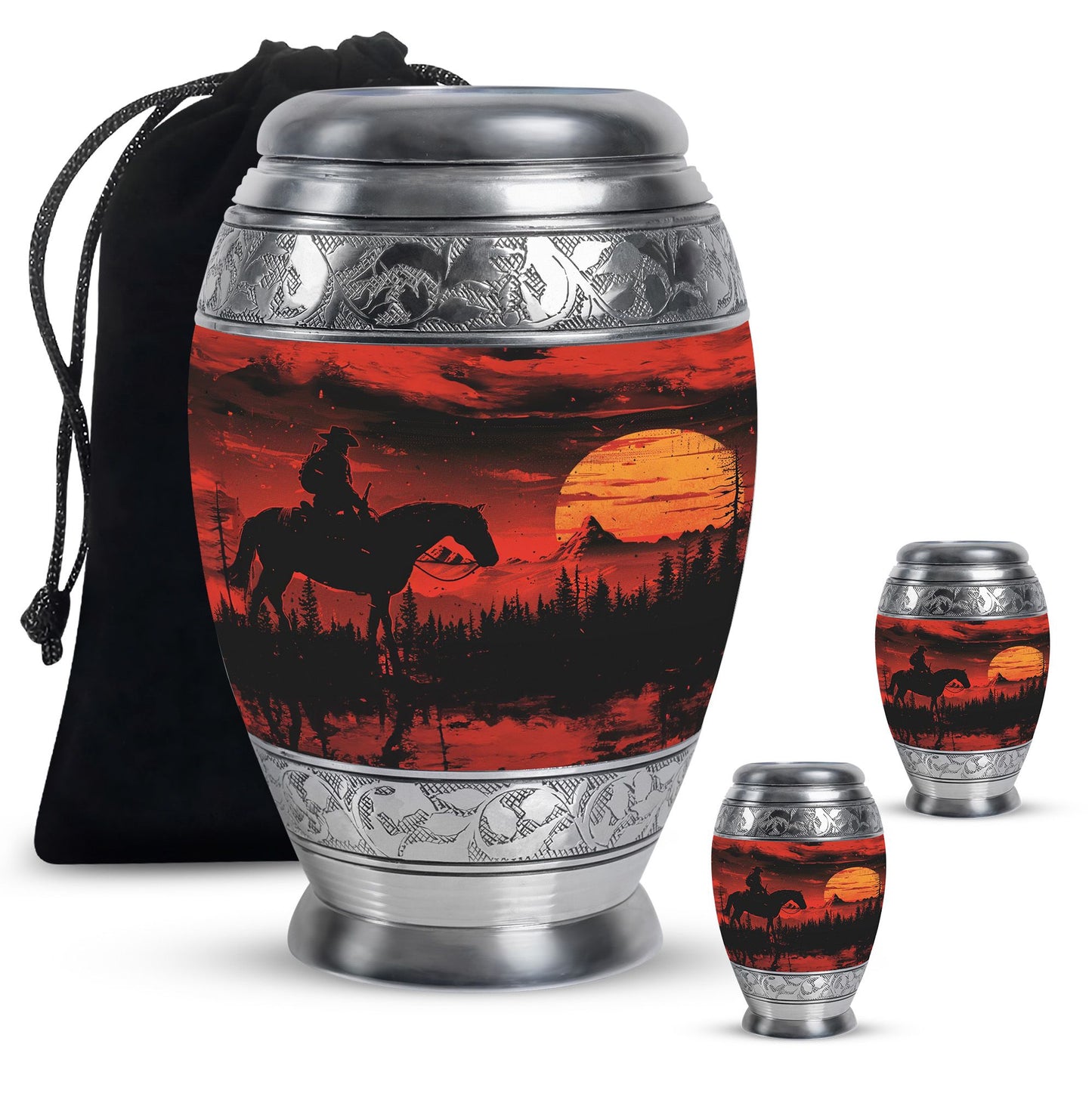 Cowboy Theme Large Urn With 2 Keepsake Urn