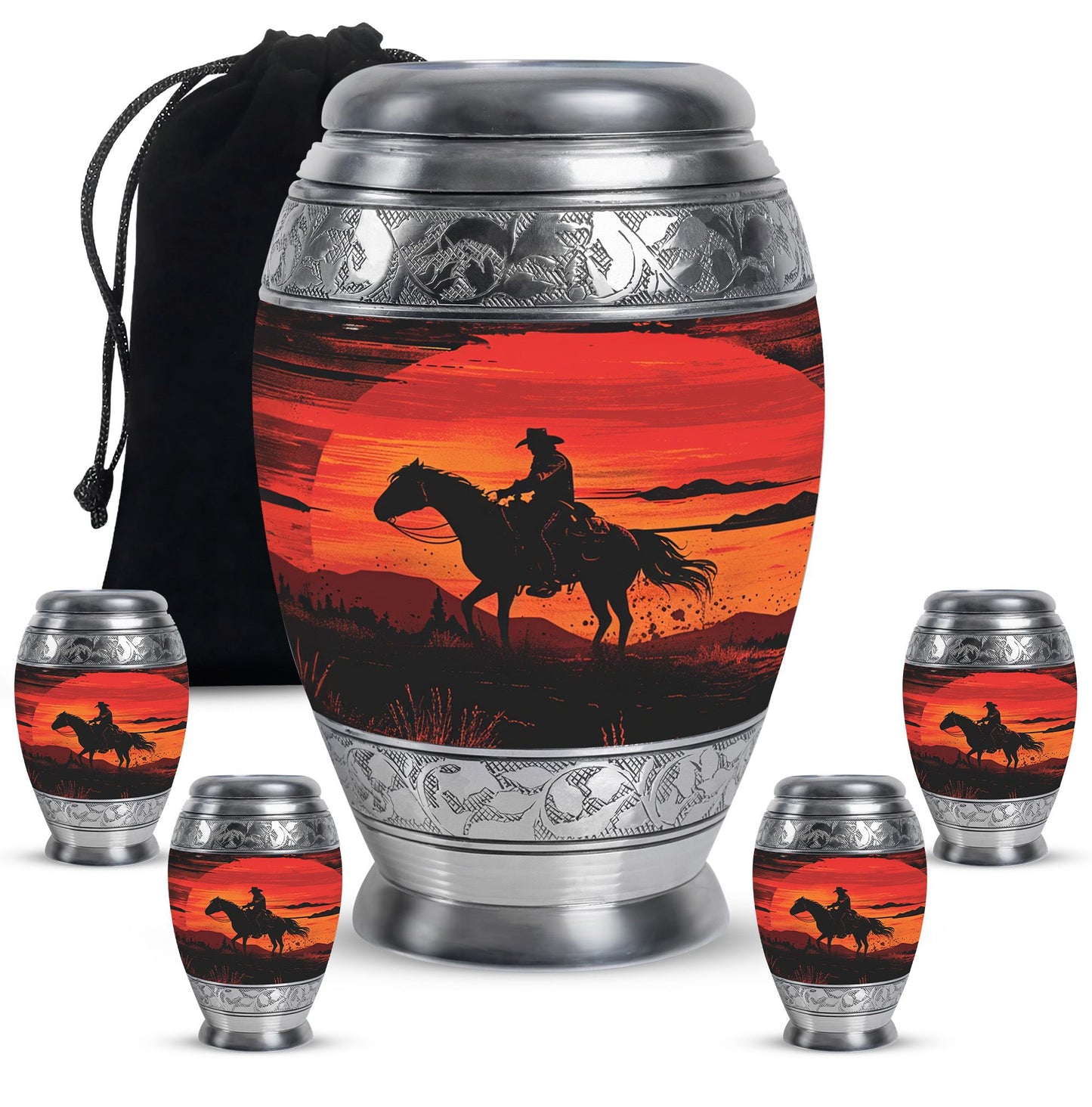 Cowboy Theme Large Urn With 4 Keepsake Urn