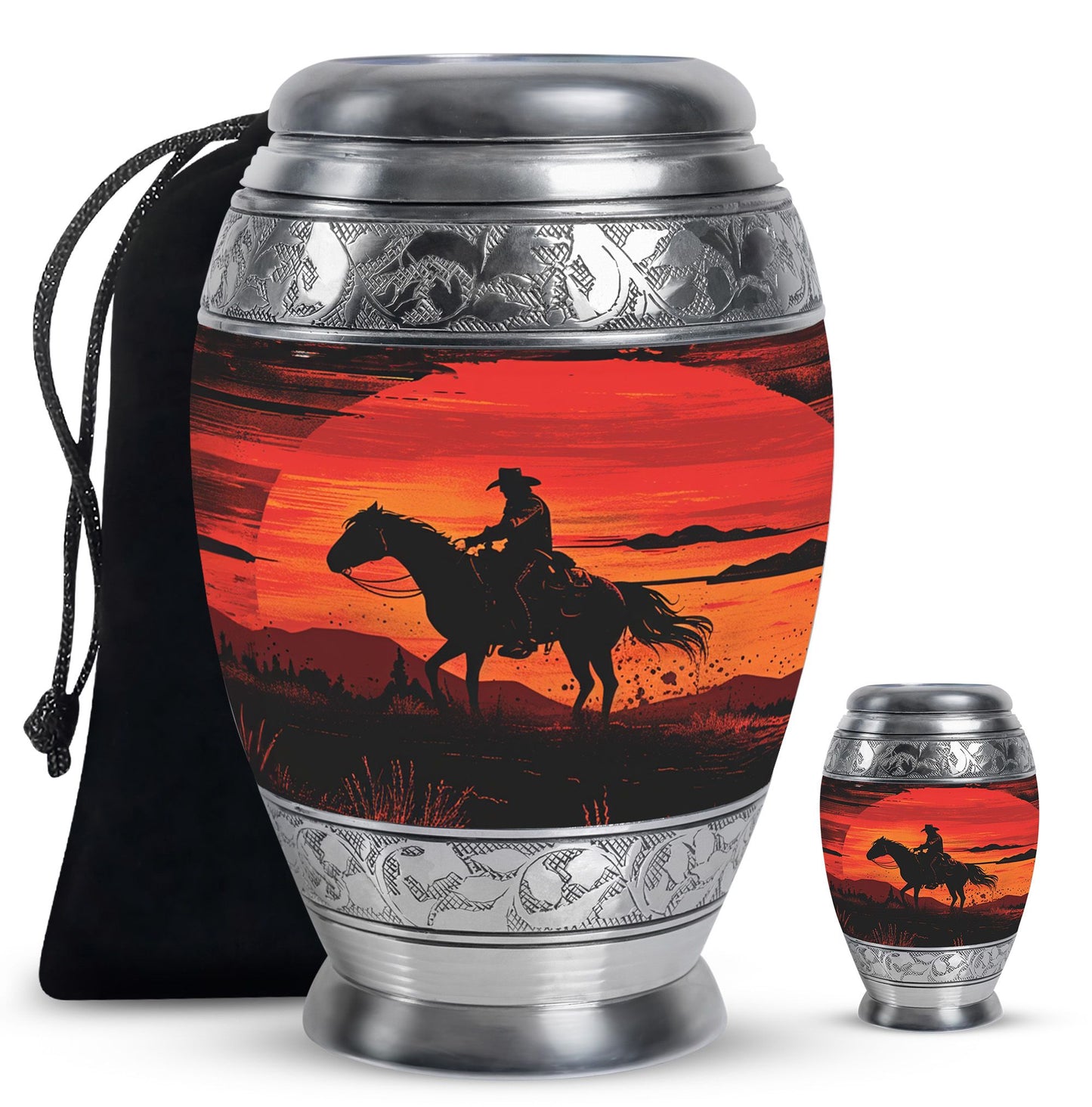 Cowboy Theme Large Urn With 1 Keepsake Urn