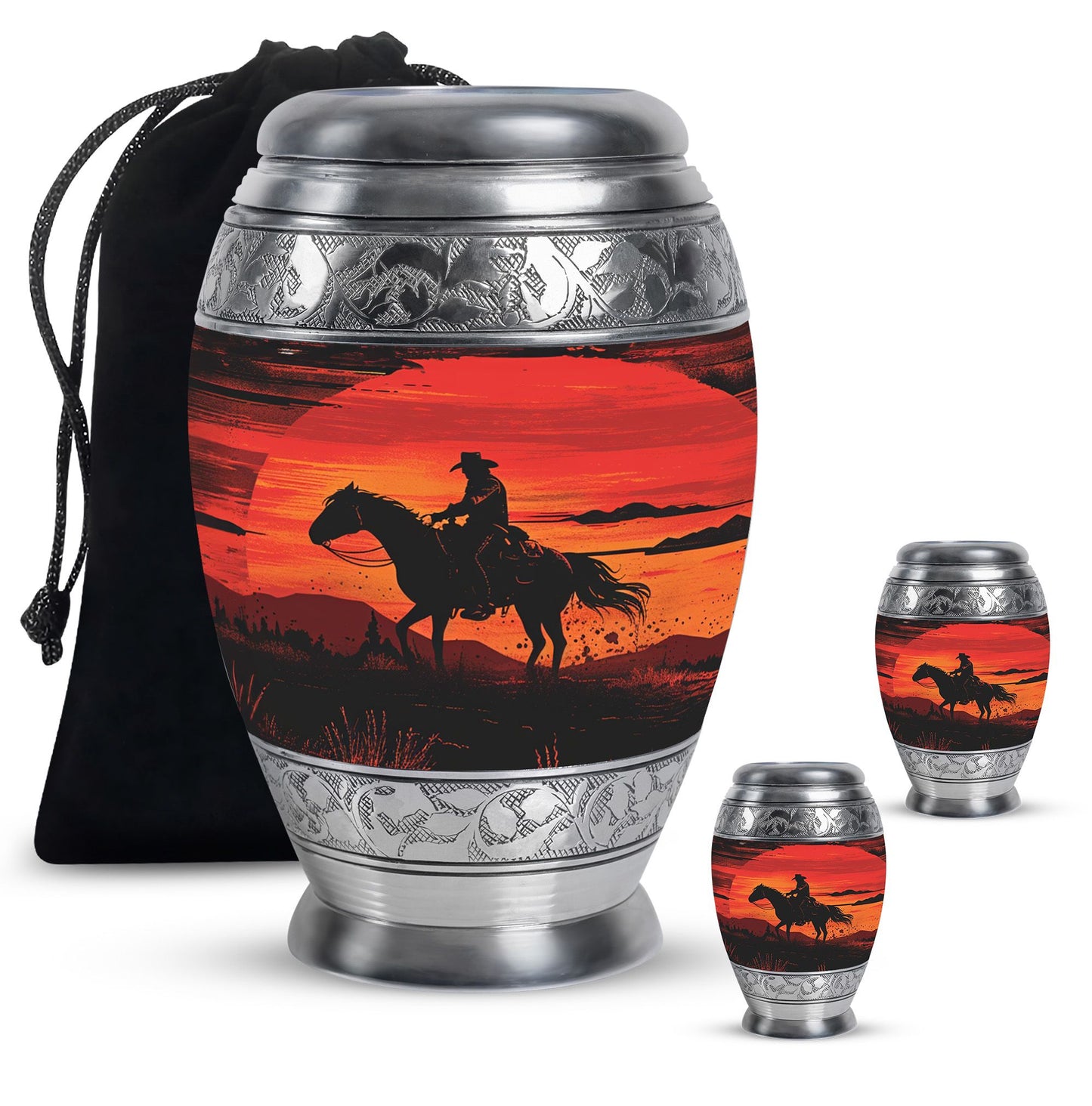 Cowboy Theme Large Urn With 2 Keepsake Urn
