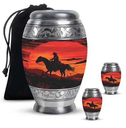 Cowboy Theme Large Urn With 2 Keepsake Urn