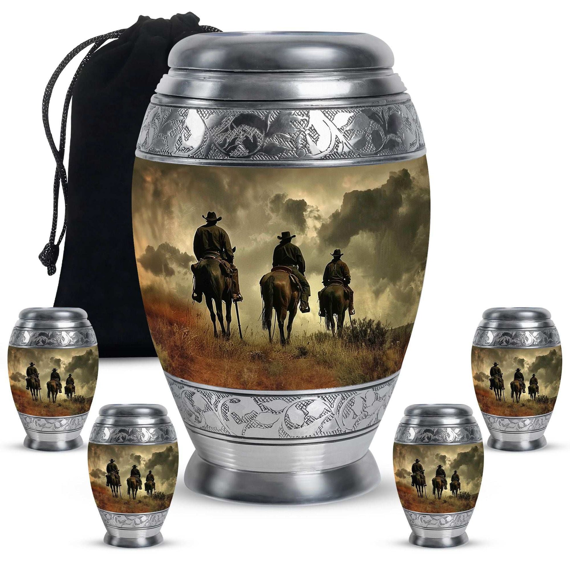 Cowboy Theme Large Urn With 4 Keepsake Urn