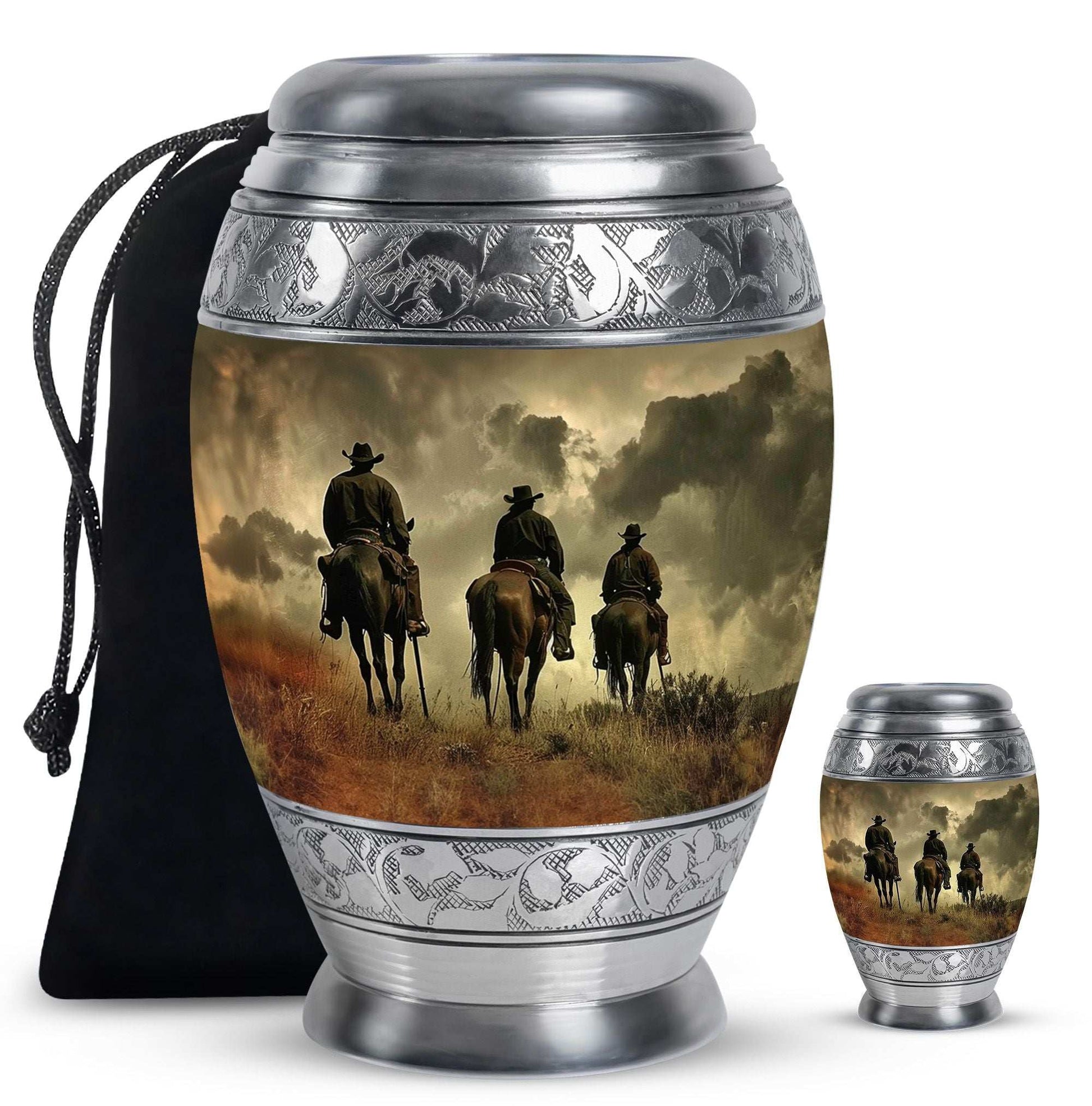 Cowboy Theme Large Urn With 1 Keepsake Urn