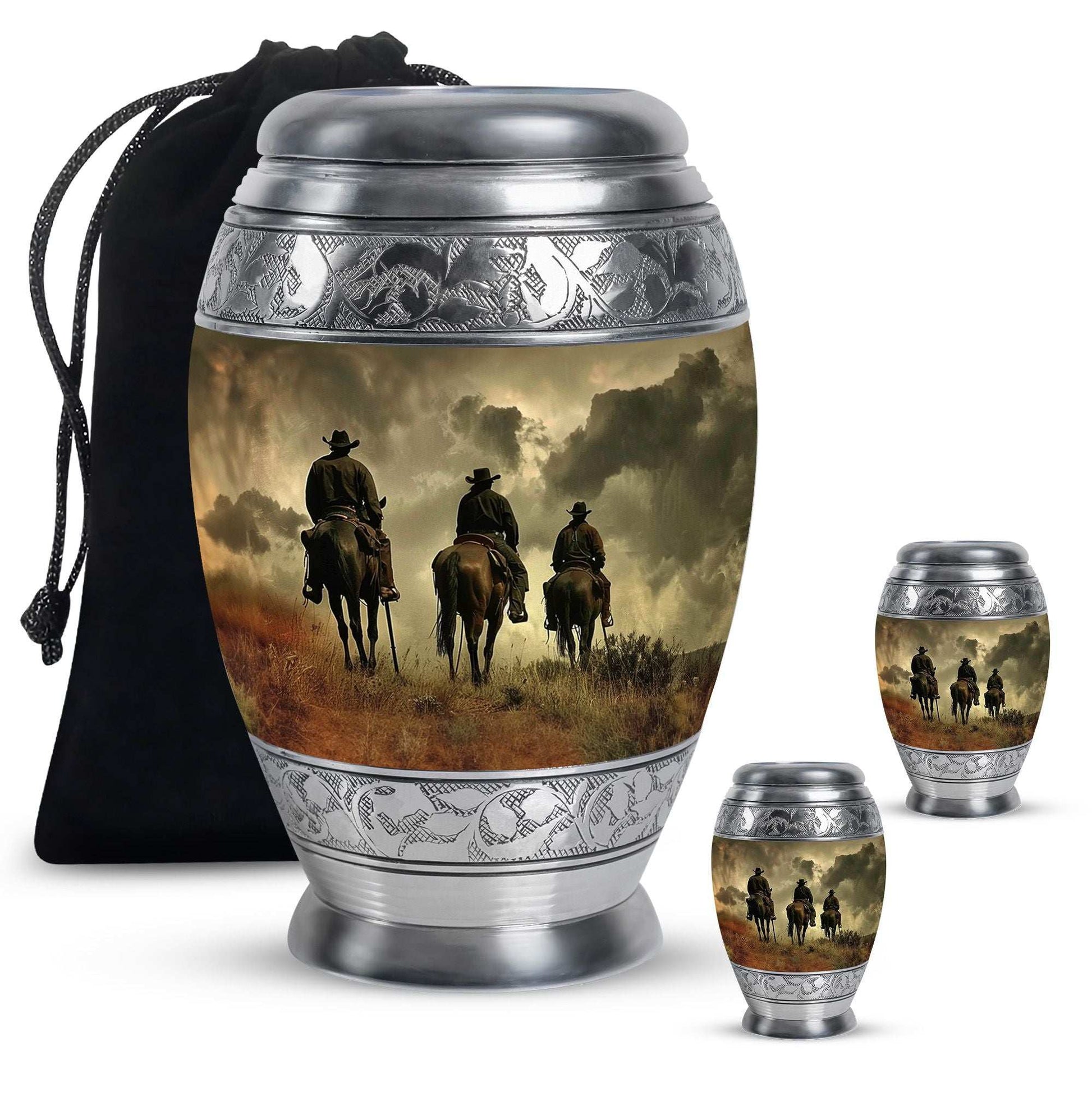 Cowboy Theme Large Urn With 2 Keepsake Urn