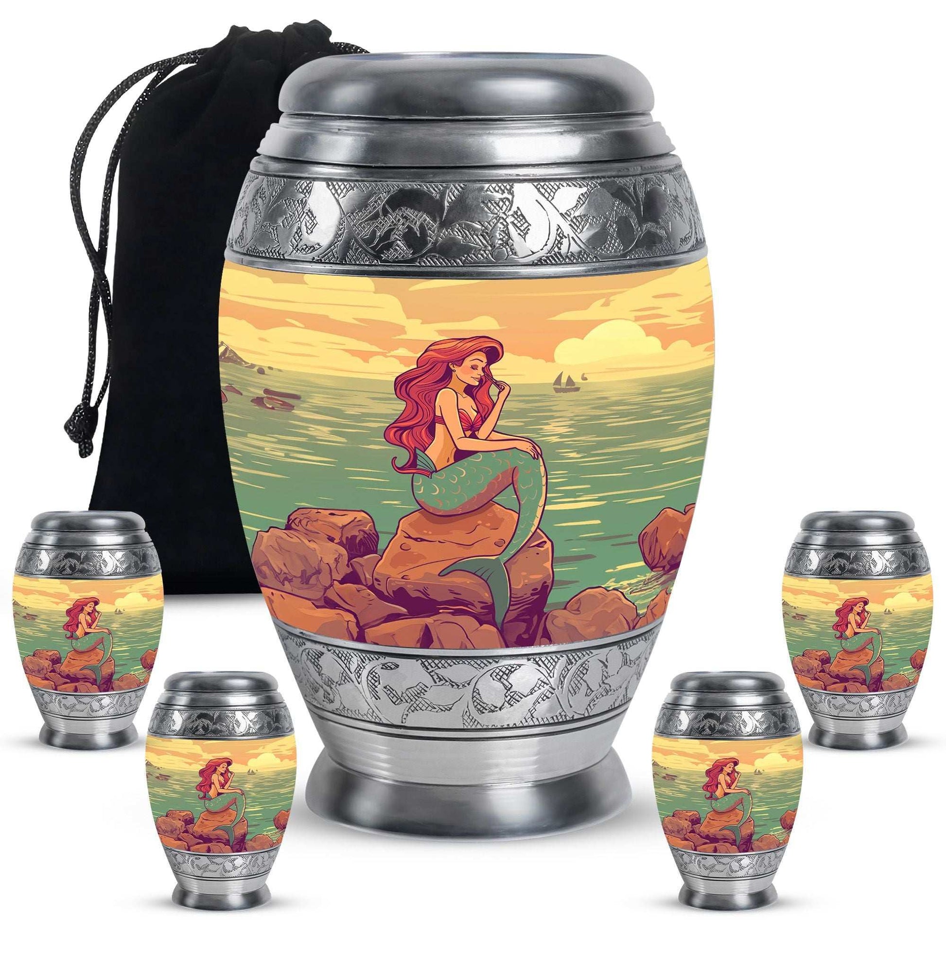 Mermaid Theme Large Urn With 4 Keepsake Urn