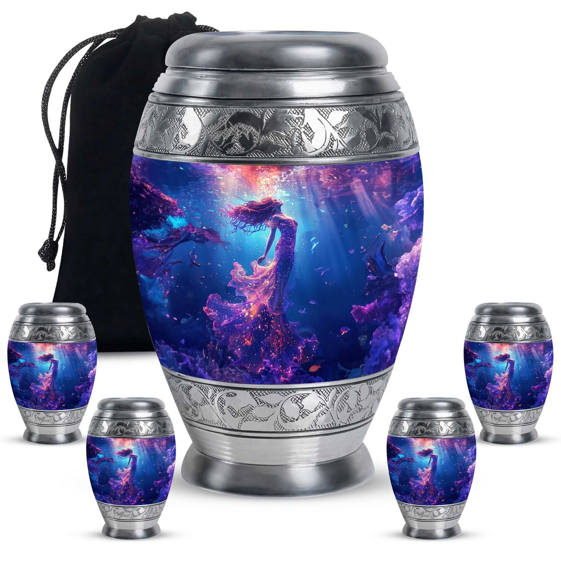 Mermaid Theme Large Urn With 4 Keepsake Urn