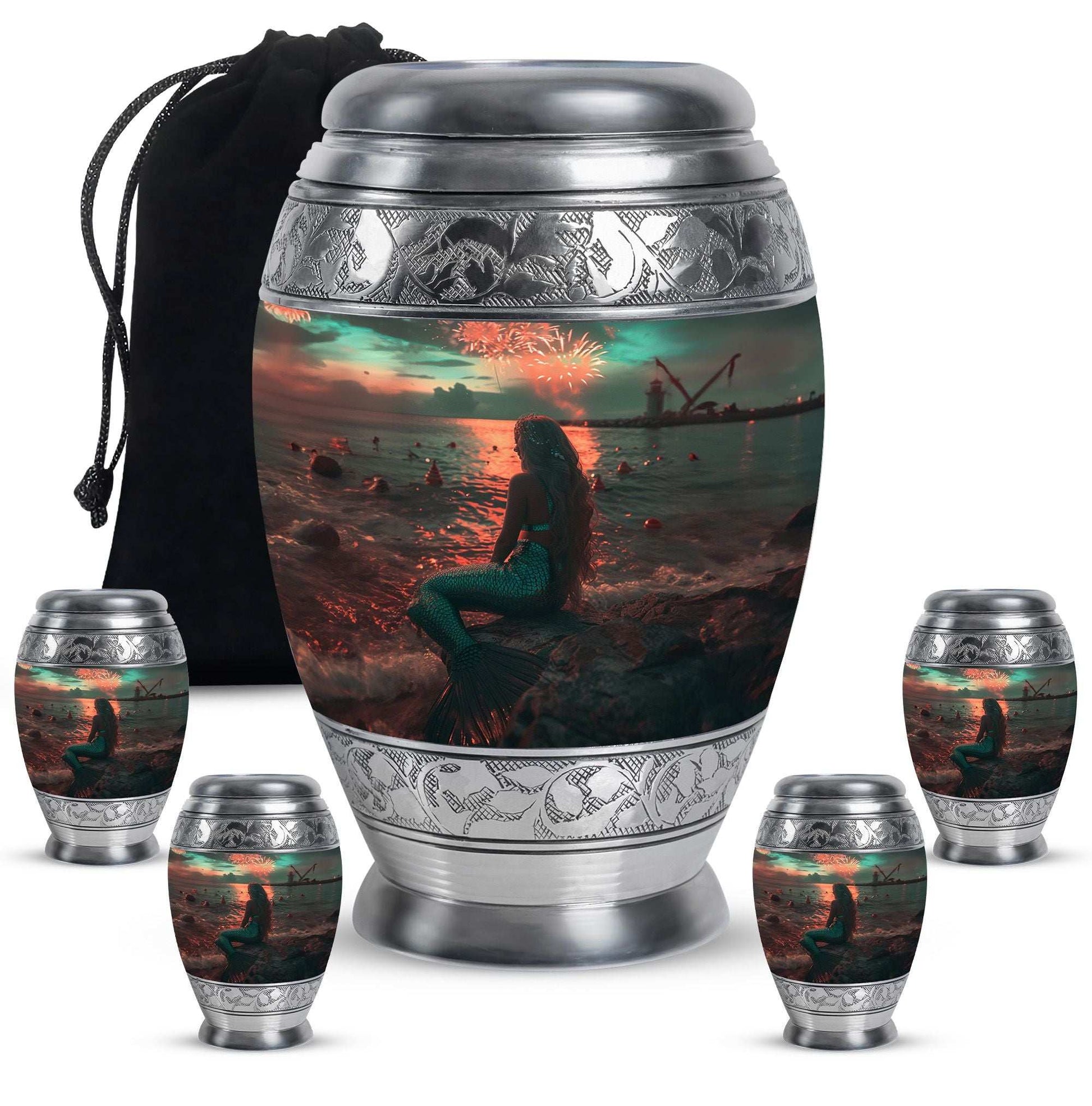 Mermaid Theme Large Urn With 4 Keepsake Urn