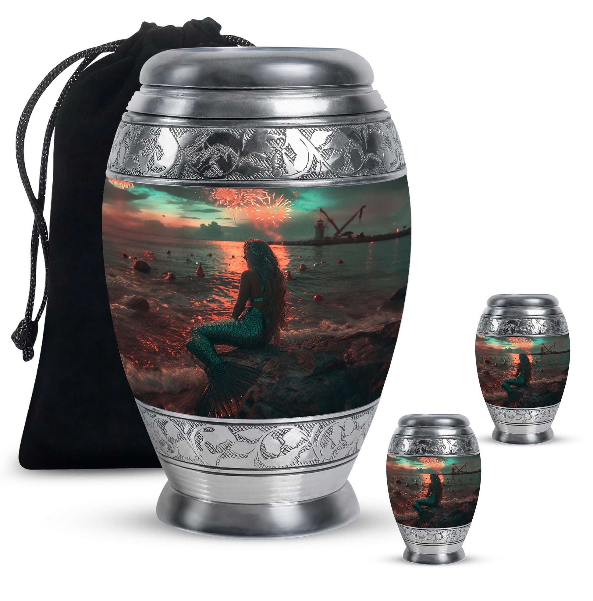 Mermaid Theme Large Urn With 2 Keepsake Urn