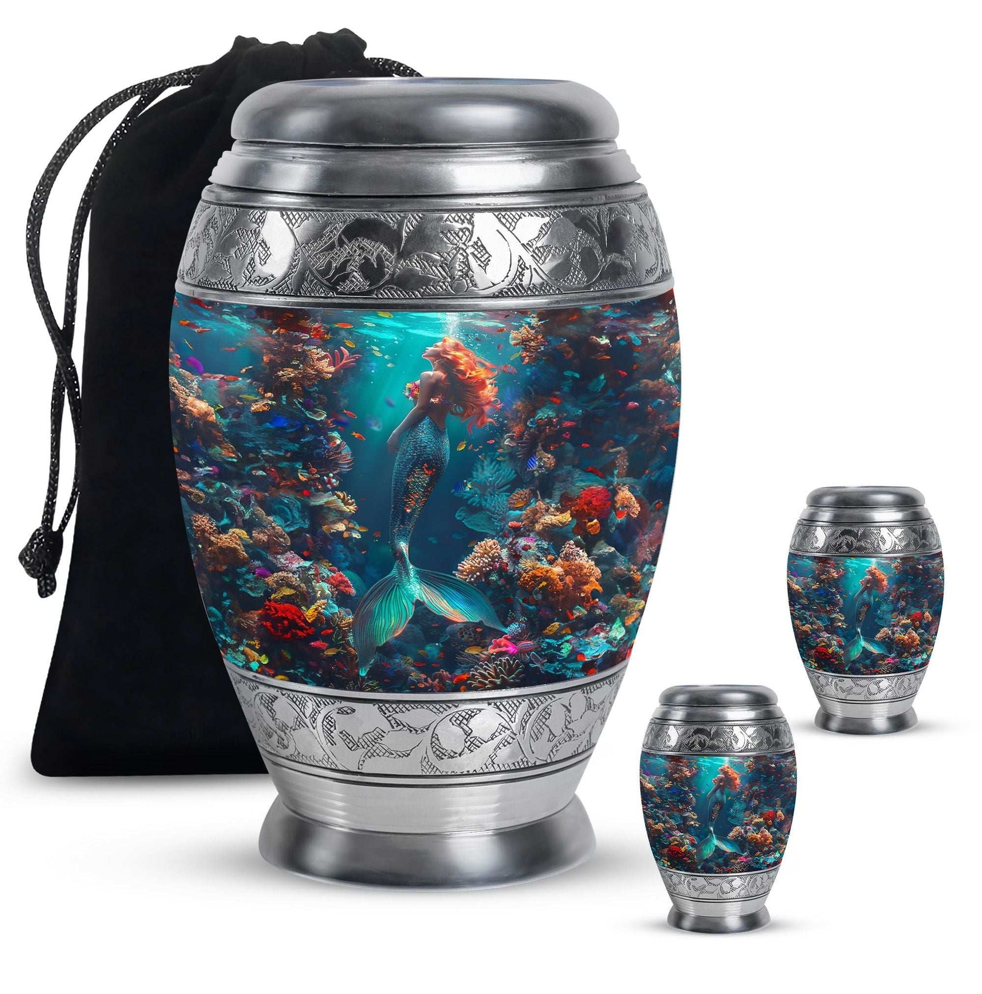 Mermaid Theme Large Urn With 2 Keepsake Urn
