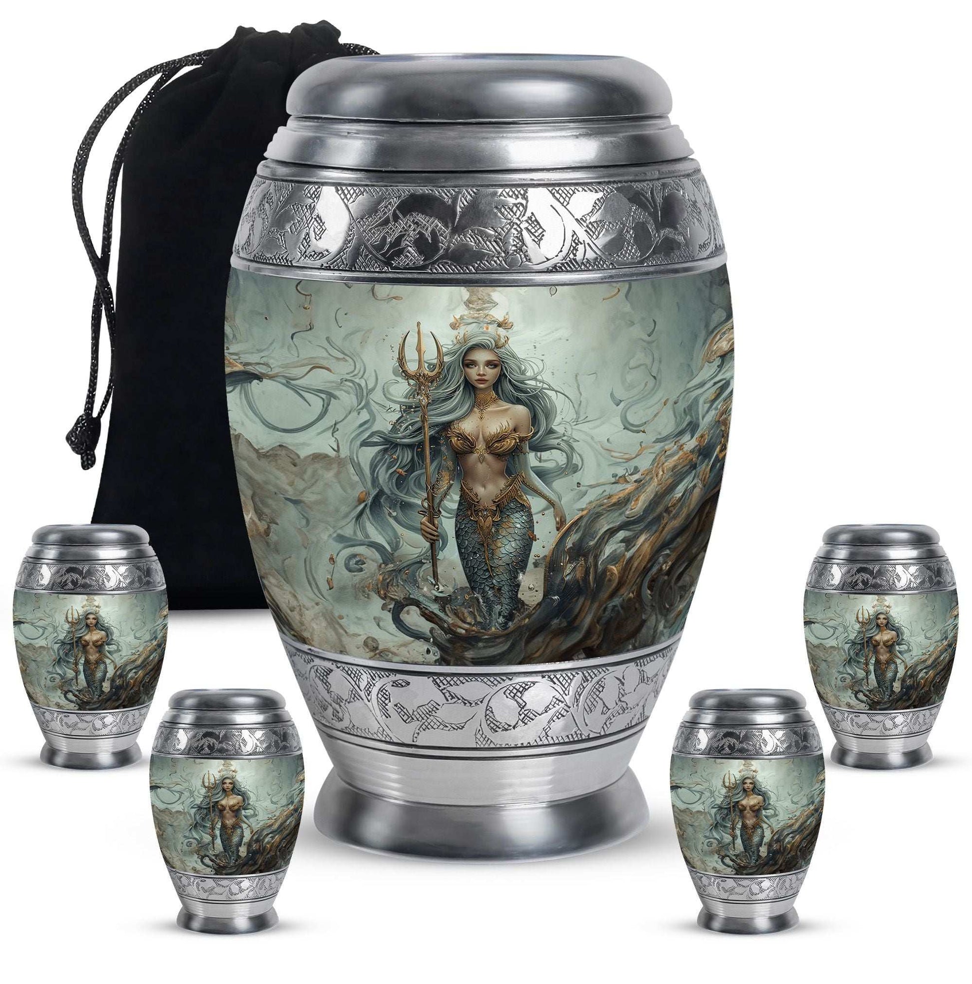 Mermaid Theme Large Urn With 4 Keepsake Urn