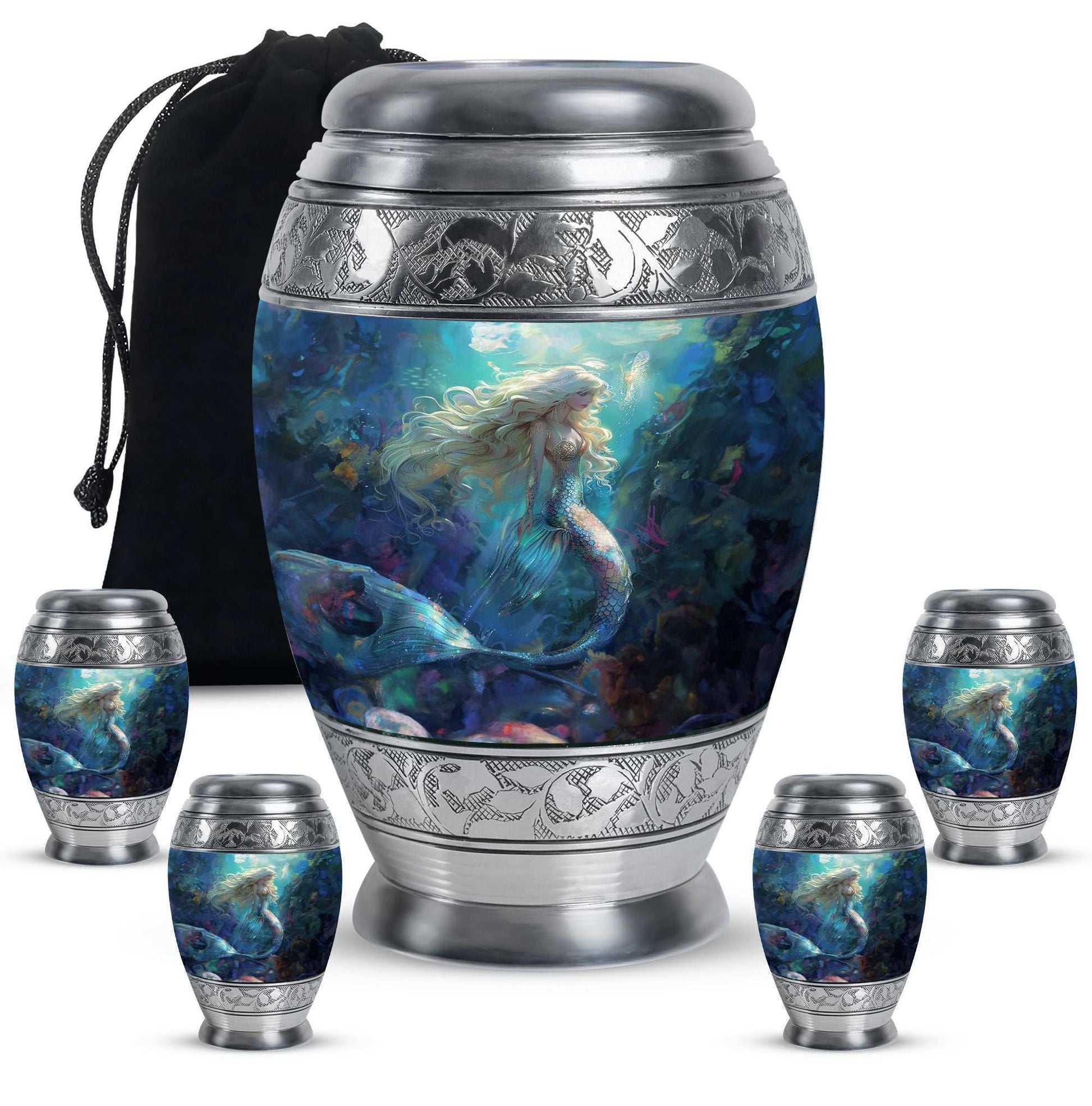 Mermaid Theme Large Urn With 4 Keepsake Urn