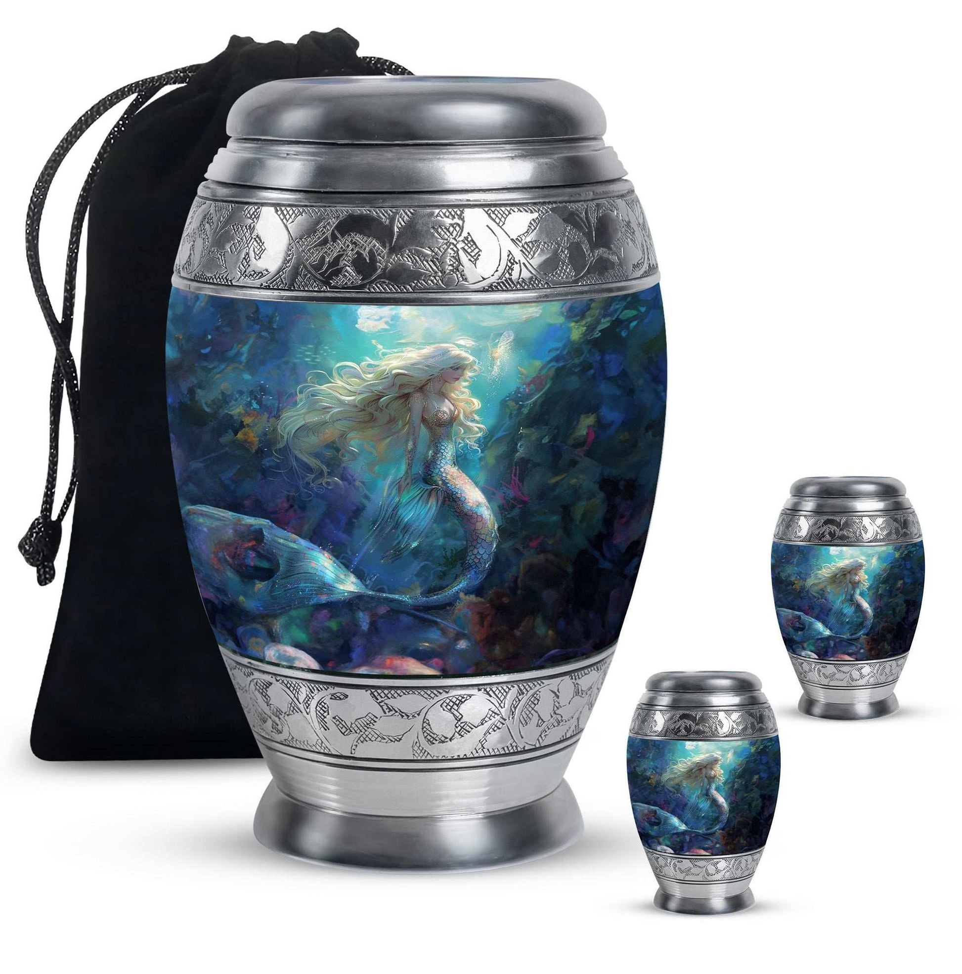 Mermaid Theme Large Urn With 2 Keepsake Urn