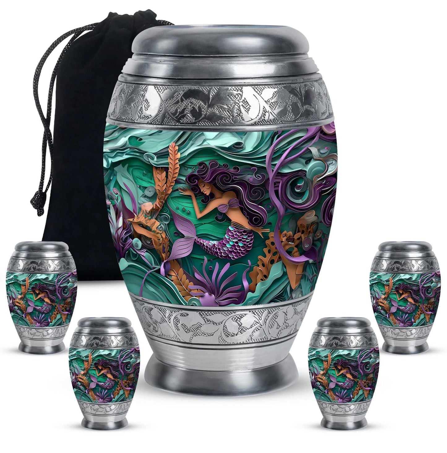 Mermaid Theme Large Urn With 4 Keepsake Urn