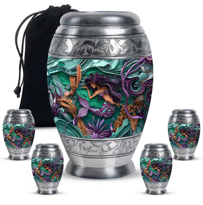Mermaid Theme Large Urn With 4 Keepsake Urn