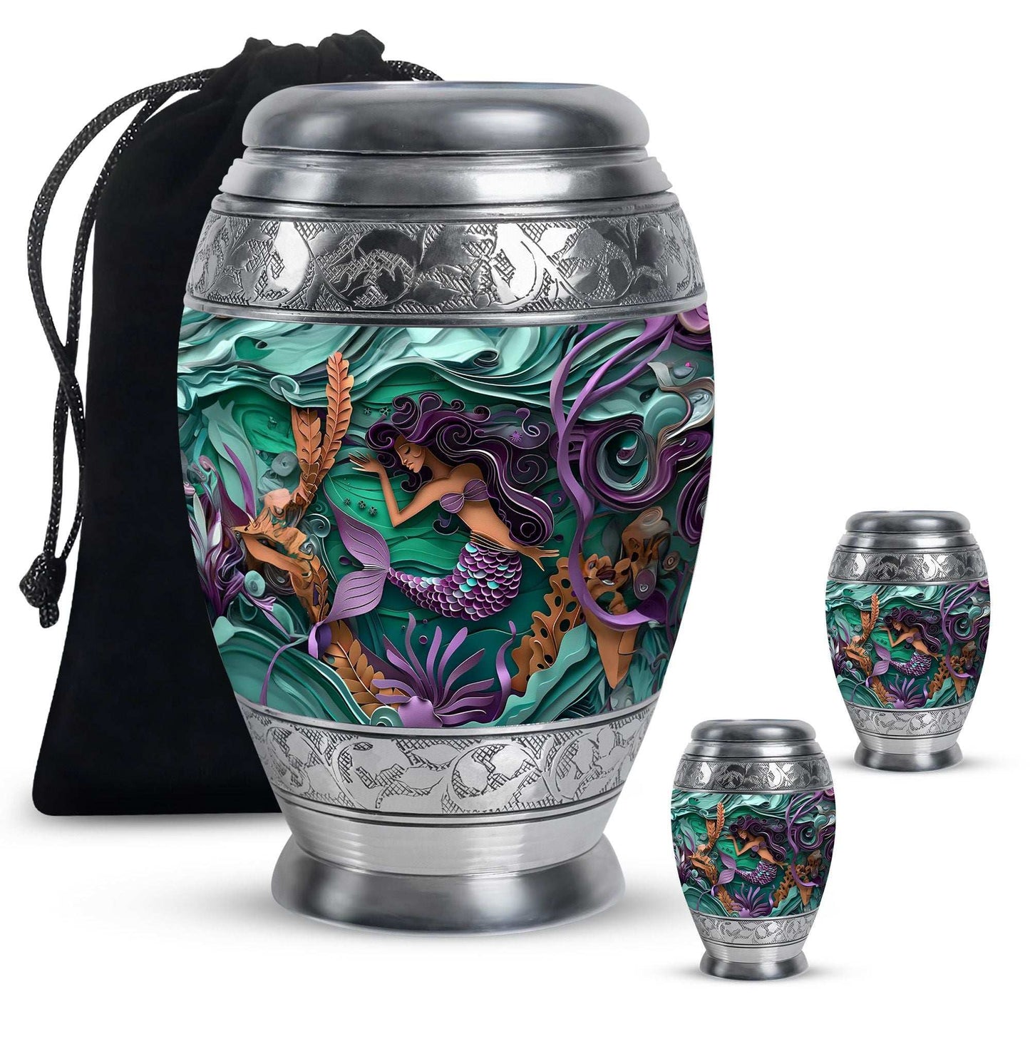 Mermaid Theme Large Urn With 2 Keepsake Urn