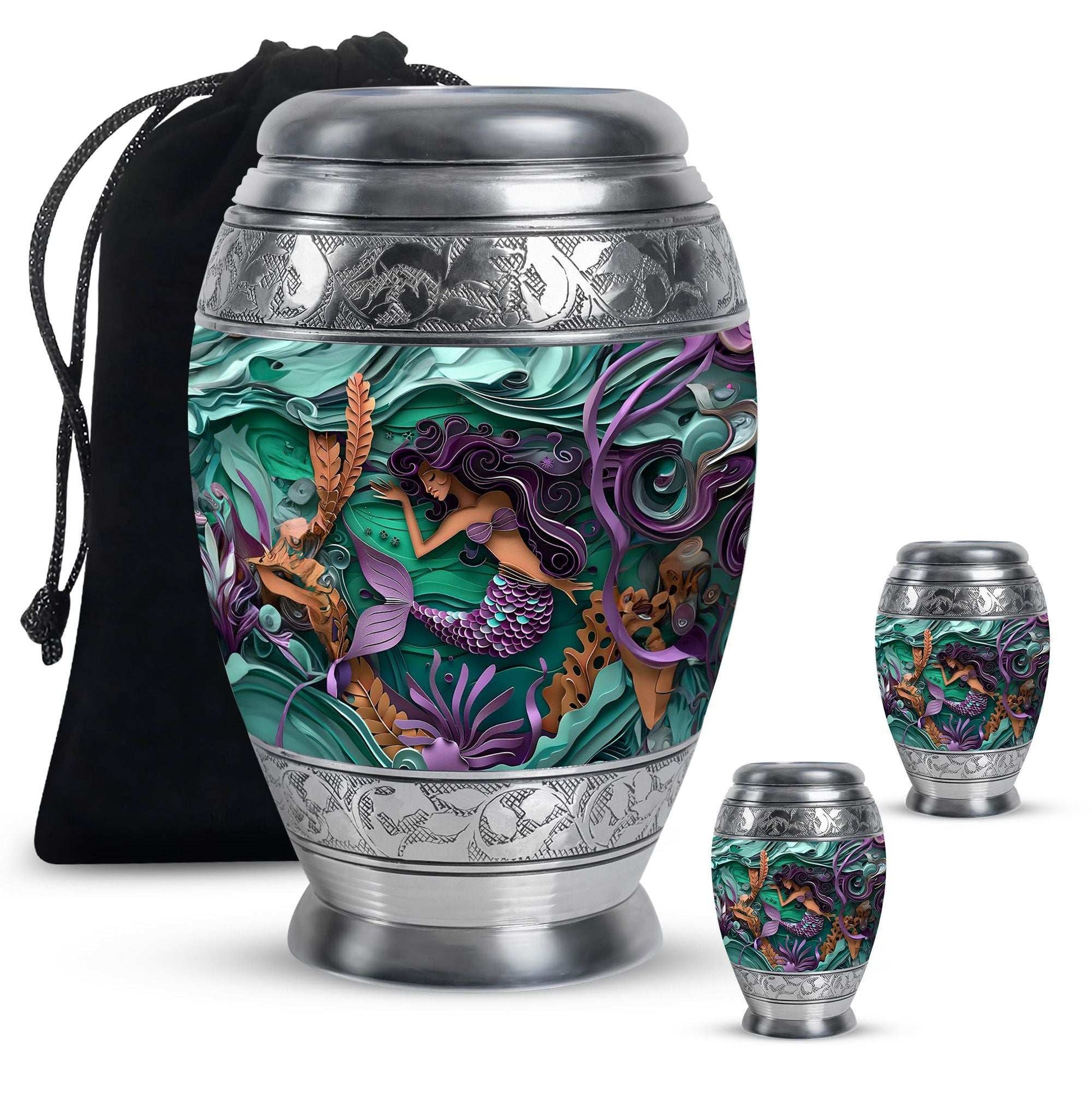 Mermaid Theme Large Urn With 2 Keepsake Urn