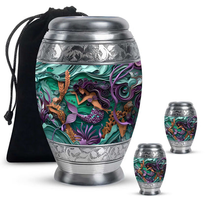 Mermaid Theme Large Urn With 2 Keepsake Urn