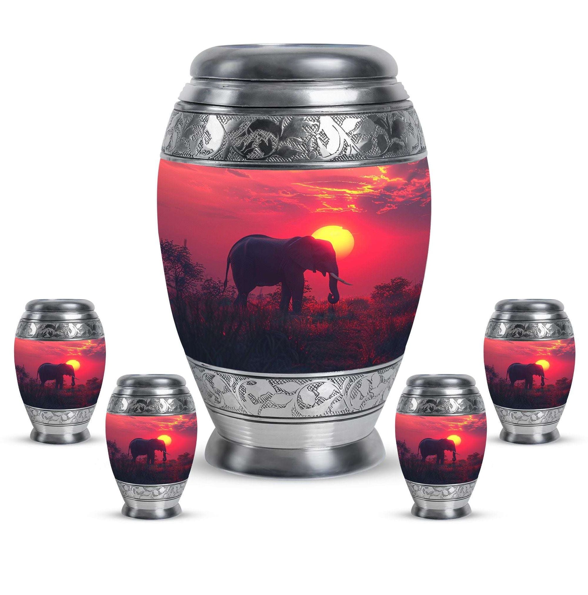 Elephant Theme Large Urn With 4 Keepsake Urn