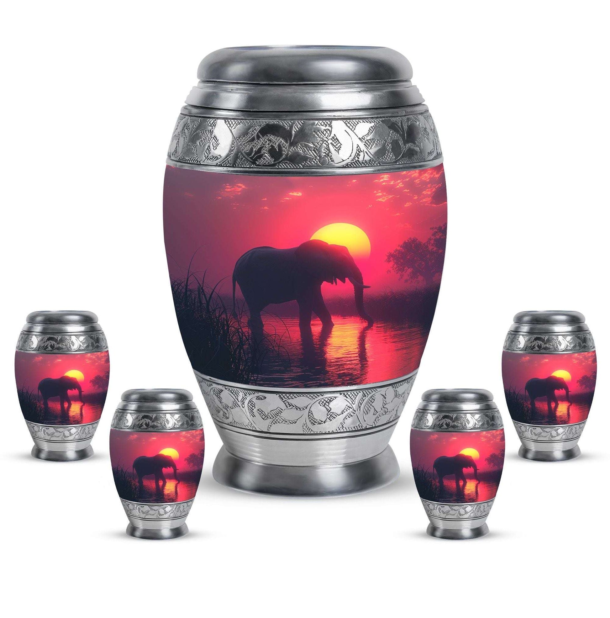 Elephant Theme Large Urn With 4 Keepsake Urn
