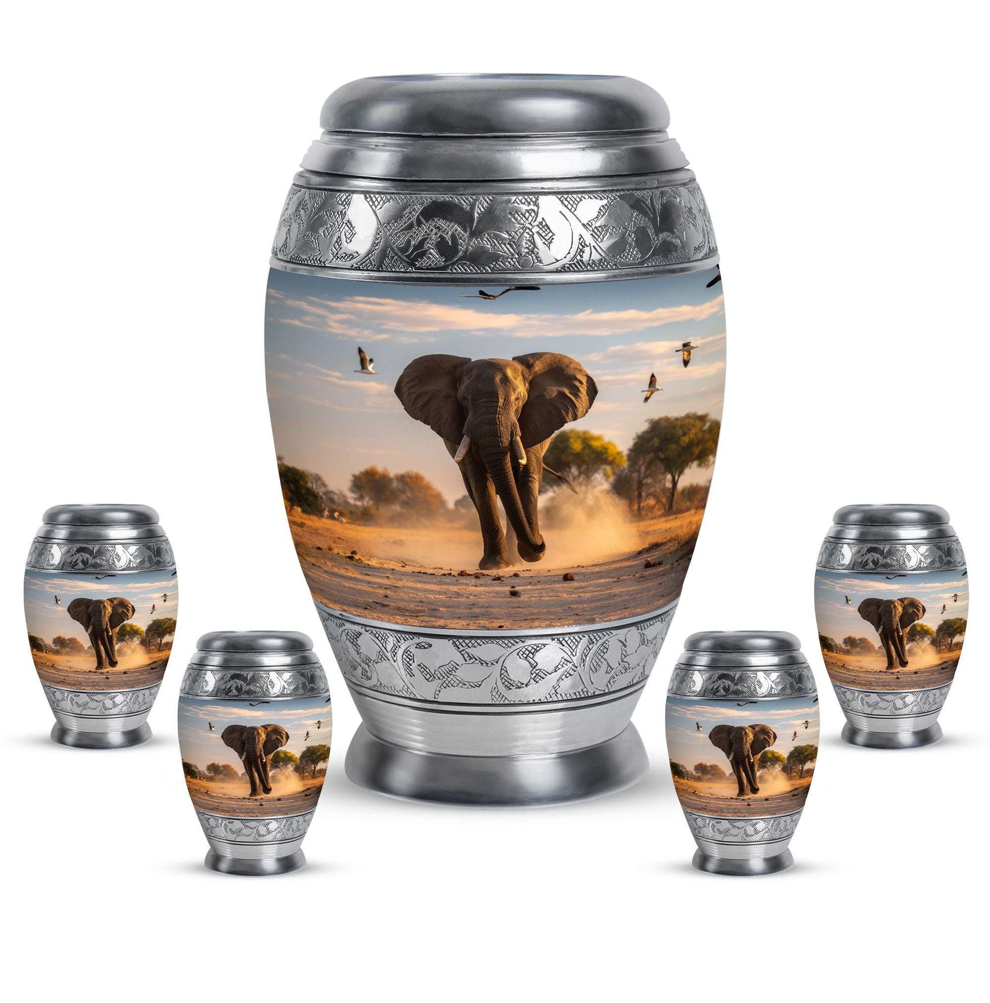 Elephant Theme Large Urn With 4 Keepsake Urn