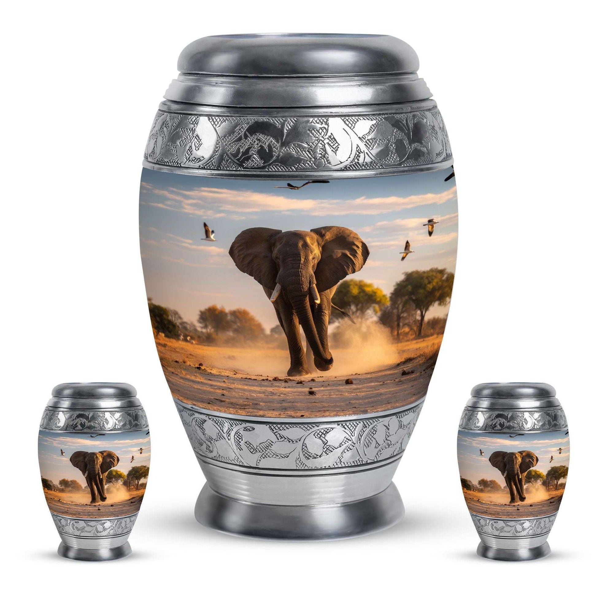 Elephant Theme Large Urn With 2 Keepsake Urn
