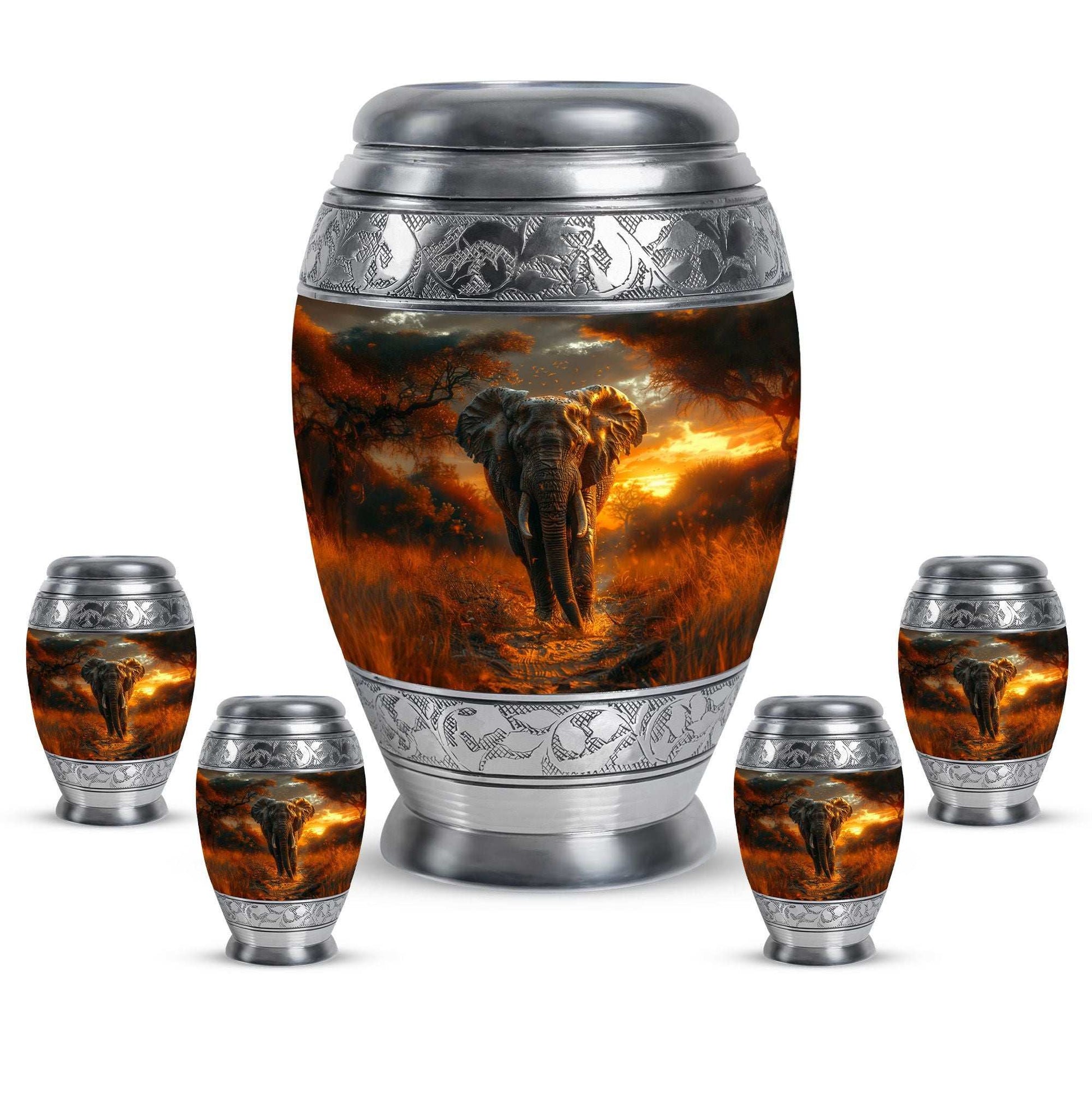 Elephant Theme Large Urn With 4 Keepsake Urn