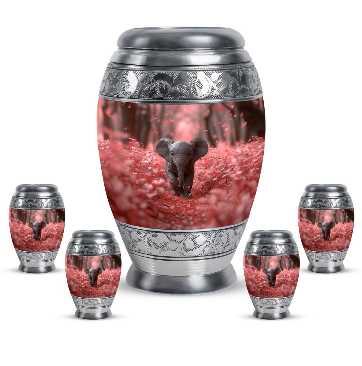 Elephant Theme Large Urn With 4 Keepsake Urn
