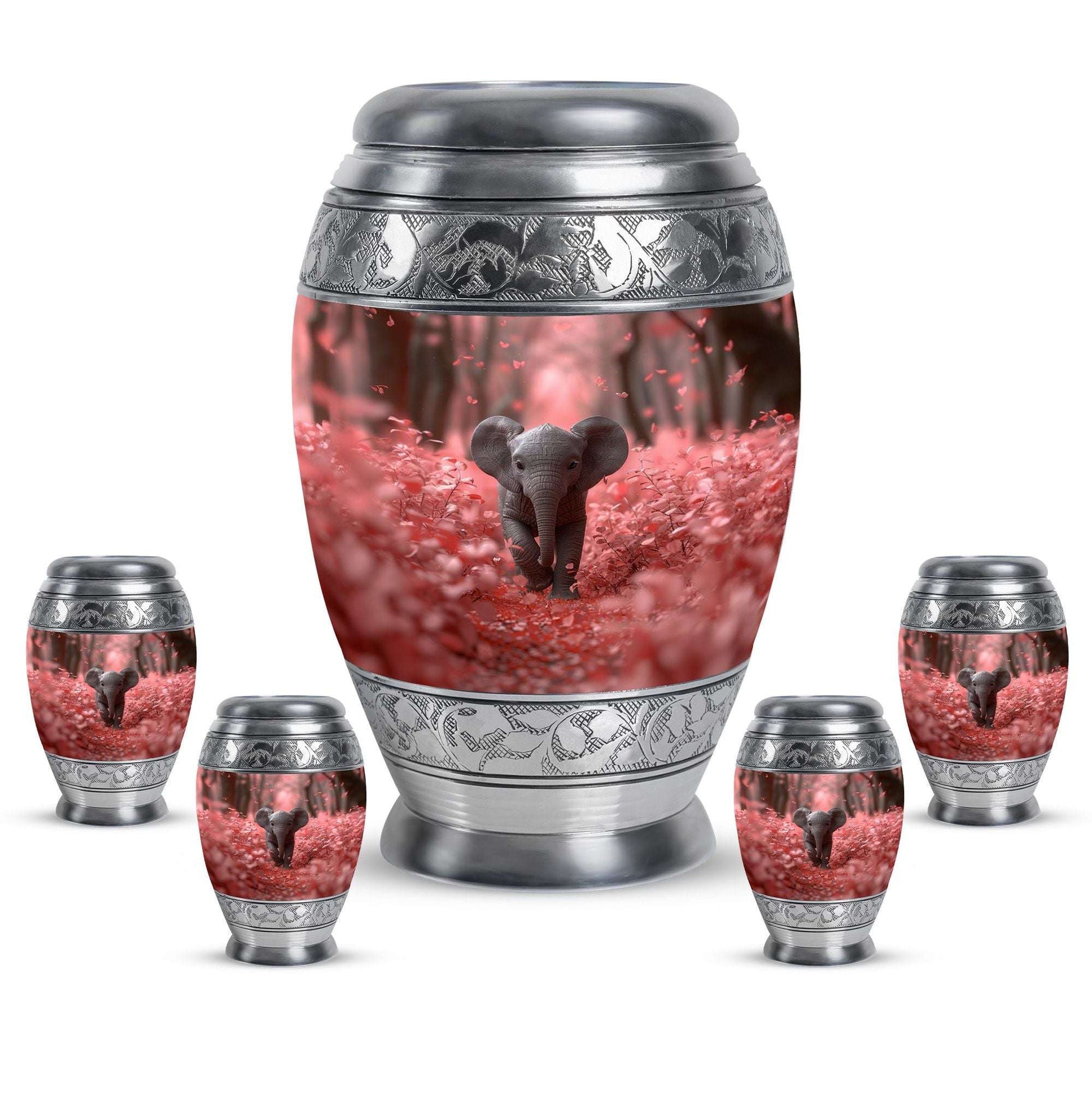 Elephant Theme Large Urn With 4 Keepsake Urn